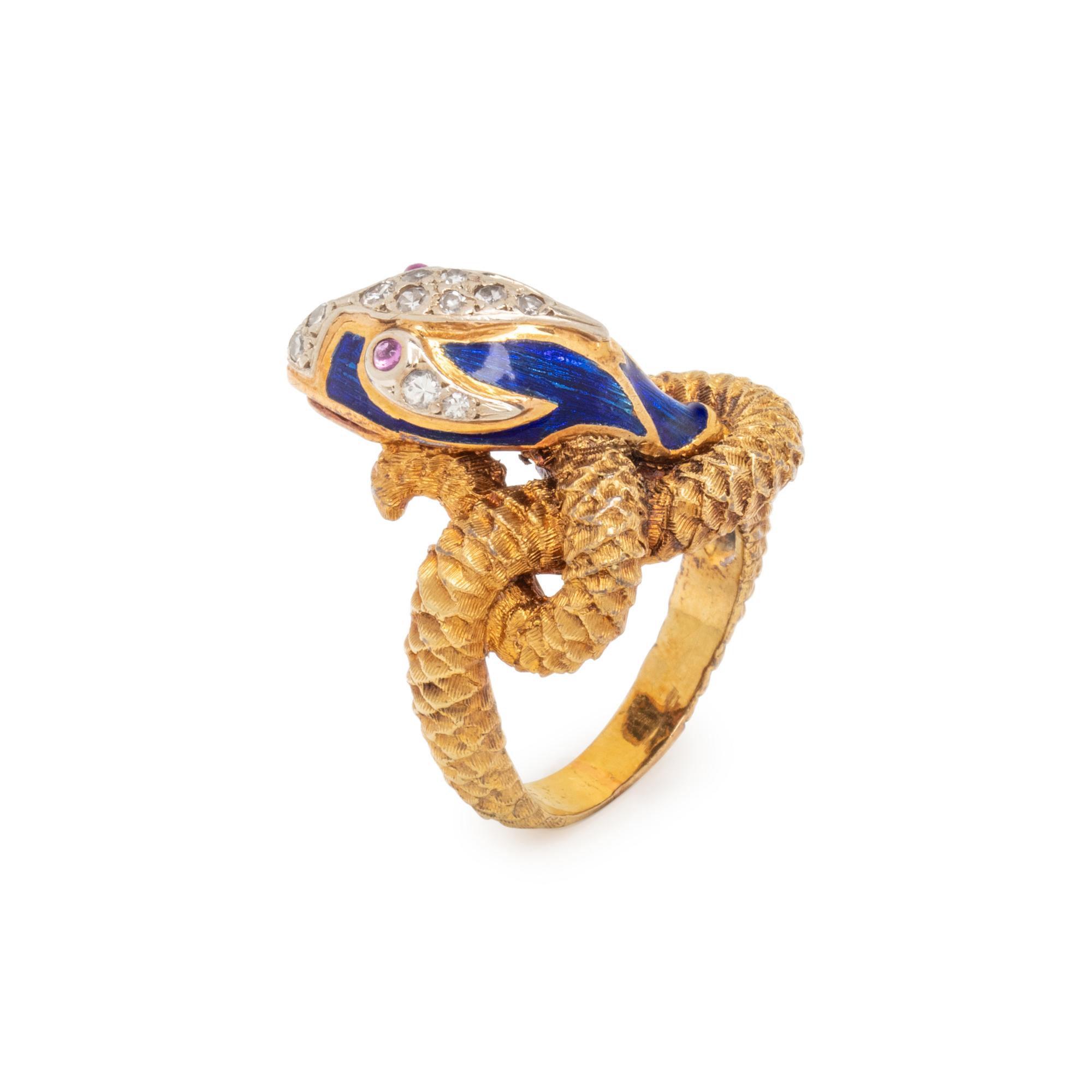 BICOLOR GOLD, ENAMEL, AND DIAMOND SNAKE RING