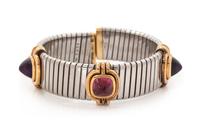 A Stainless Steel, 18 Karat Yellow Gold, Pink Tourmaline and Amethyst Cuff Bracelet, Bvlgari, 39.05 dwts.