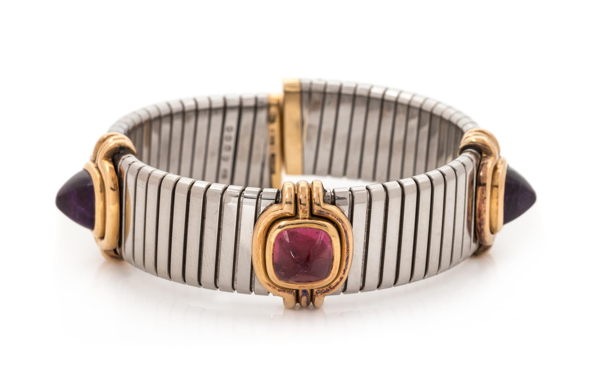 A Stainless Steel, 18 Karat Yellow Gold, Pink Tourmaline and Amethyst Cuff Bracelet, Bvlgari, 39.05 dwts.