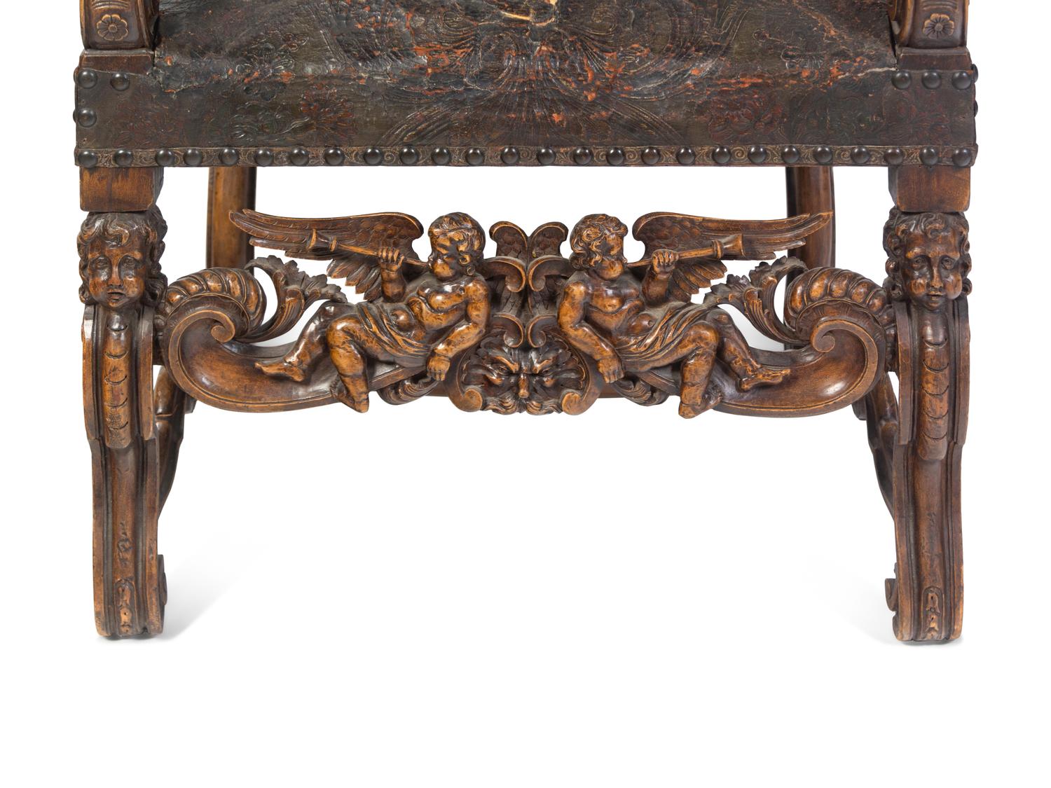 An Italian Baroque Tooled Leather-Upholstered Armchair