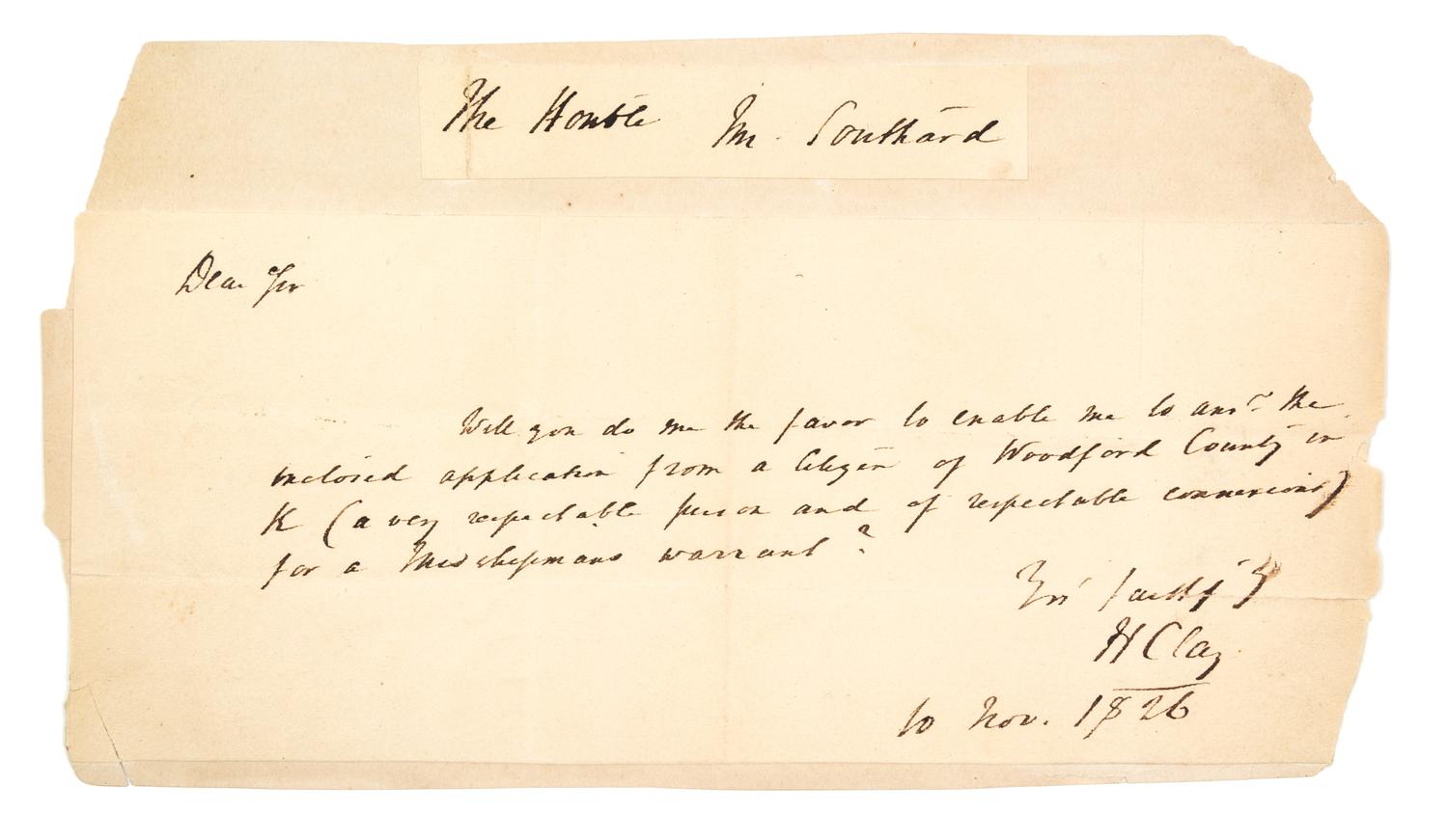 CLAY, HENRY. ALS, 1/2 page, November 10, 1826.