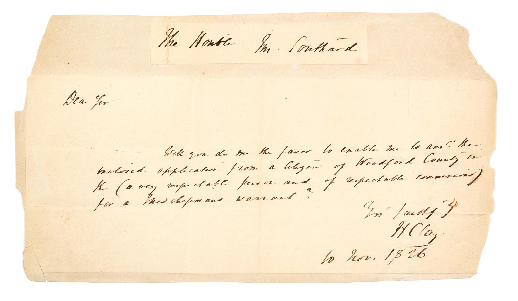 CLAY, HENRY. ALS, 1/2 page, November 10, 1826.