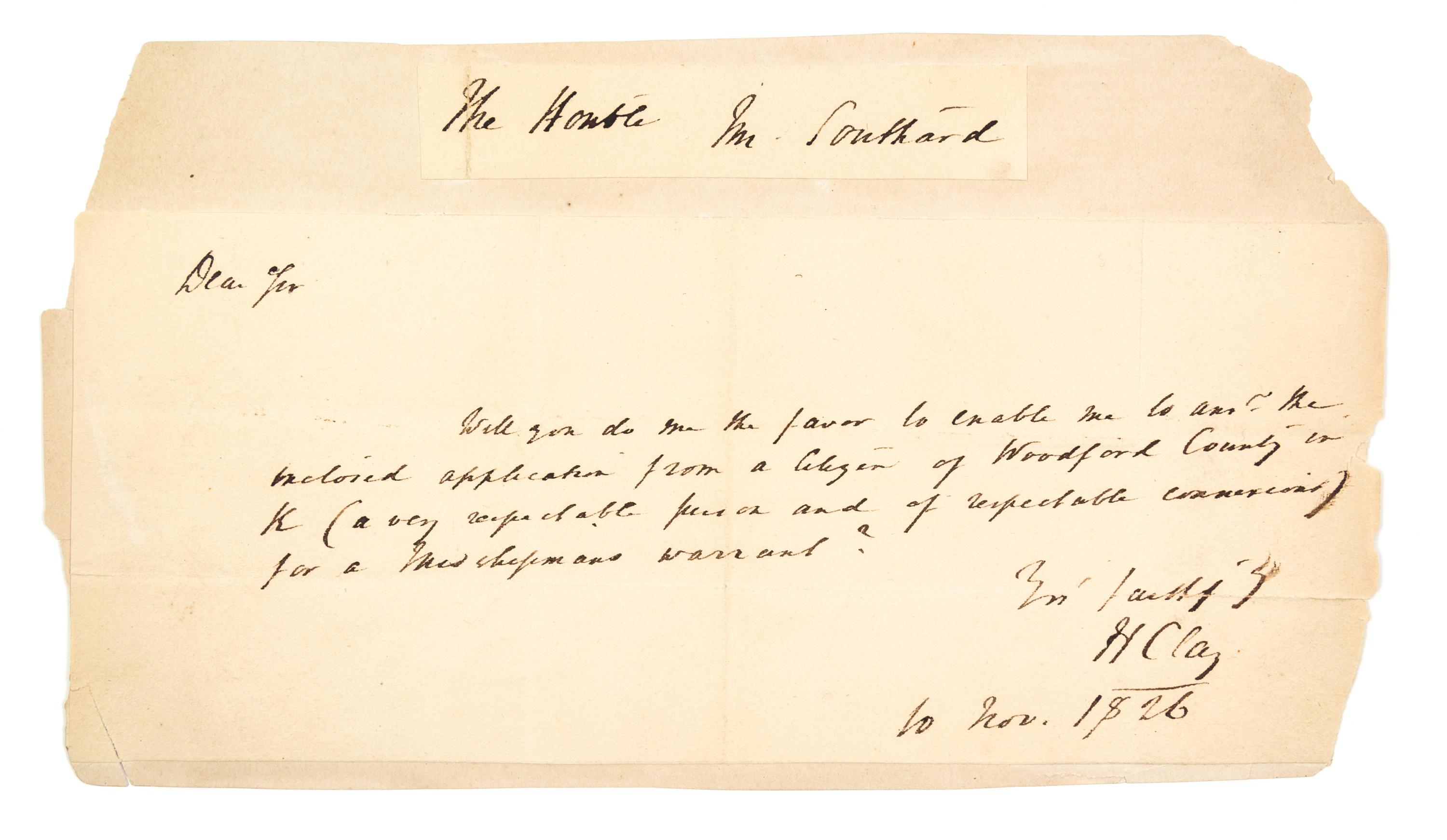 CLAY, HENRY. ALS, 1/2 page, November 10, 1826.