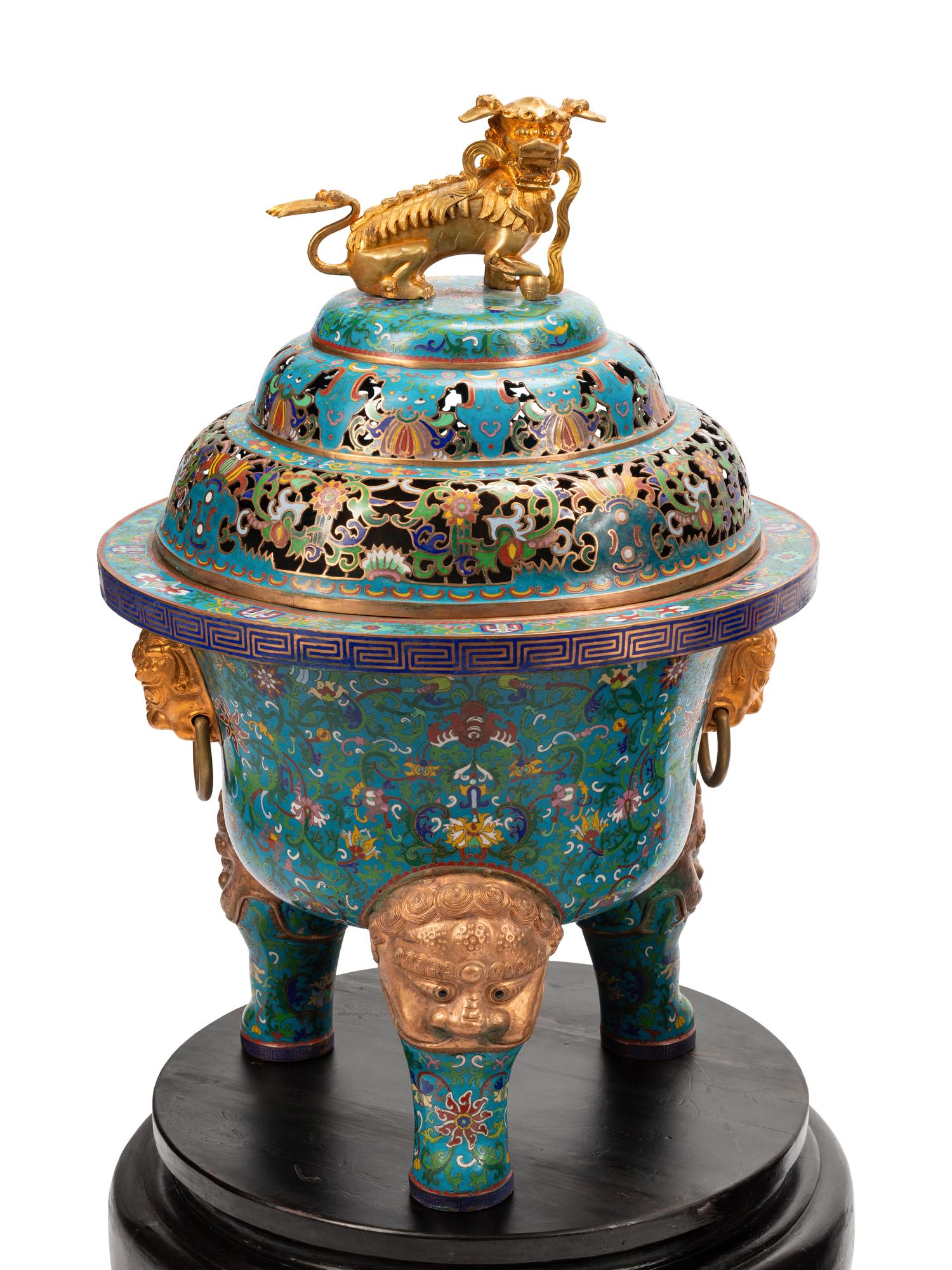 A Pair of Large Chinese Export Gilt Bronze and Cloisonné Censers on Wood Stands
