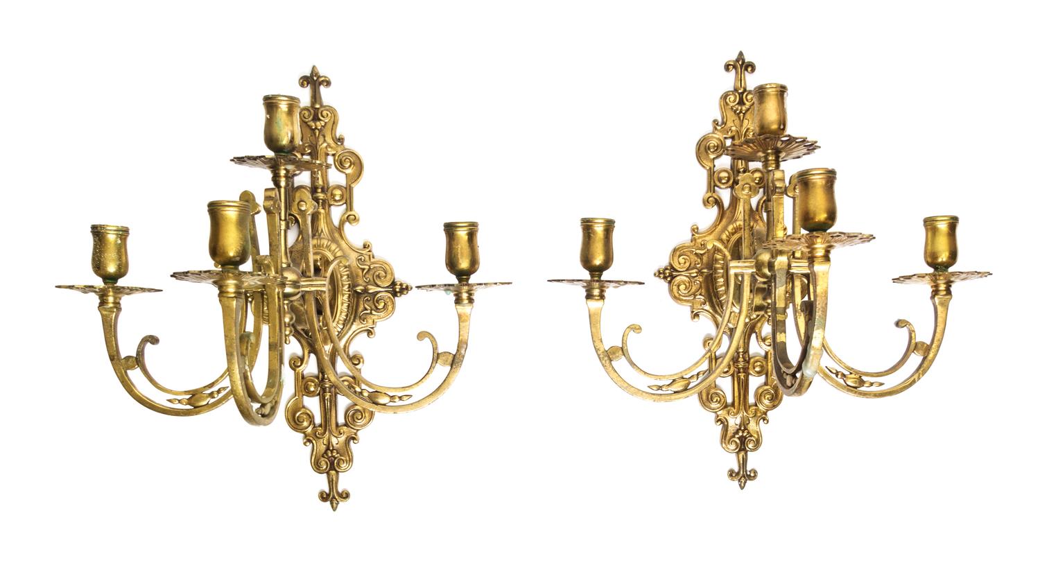 A Pair of Neoclassical Brass Four-Light Sconces Height 16 inches.