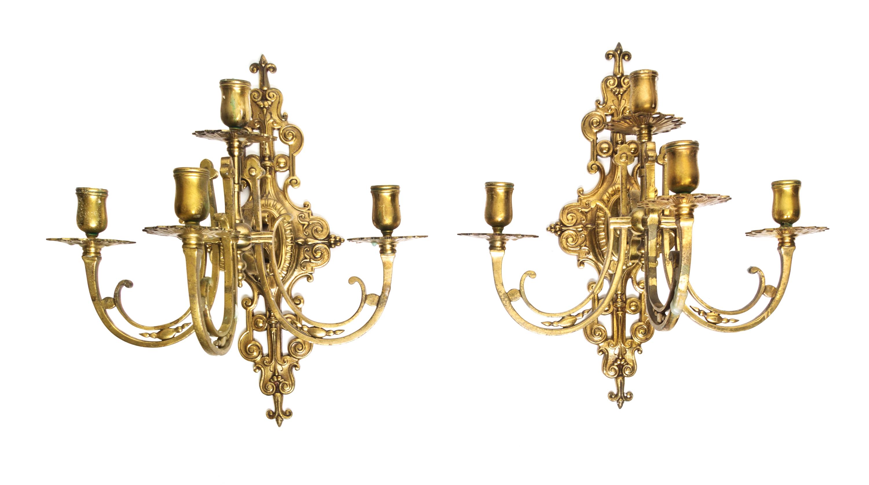 A Pair of Neoclassical Brass Four-Light Sconces Height 16 inches.