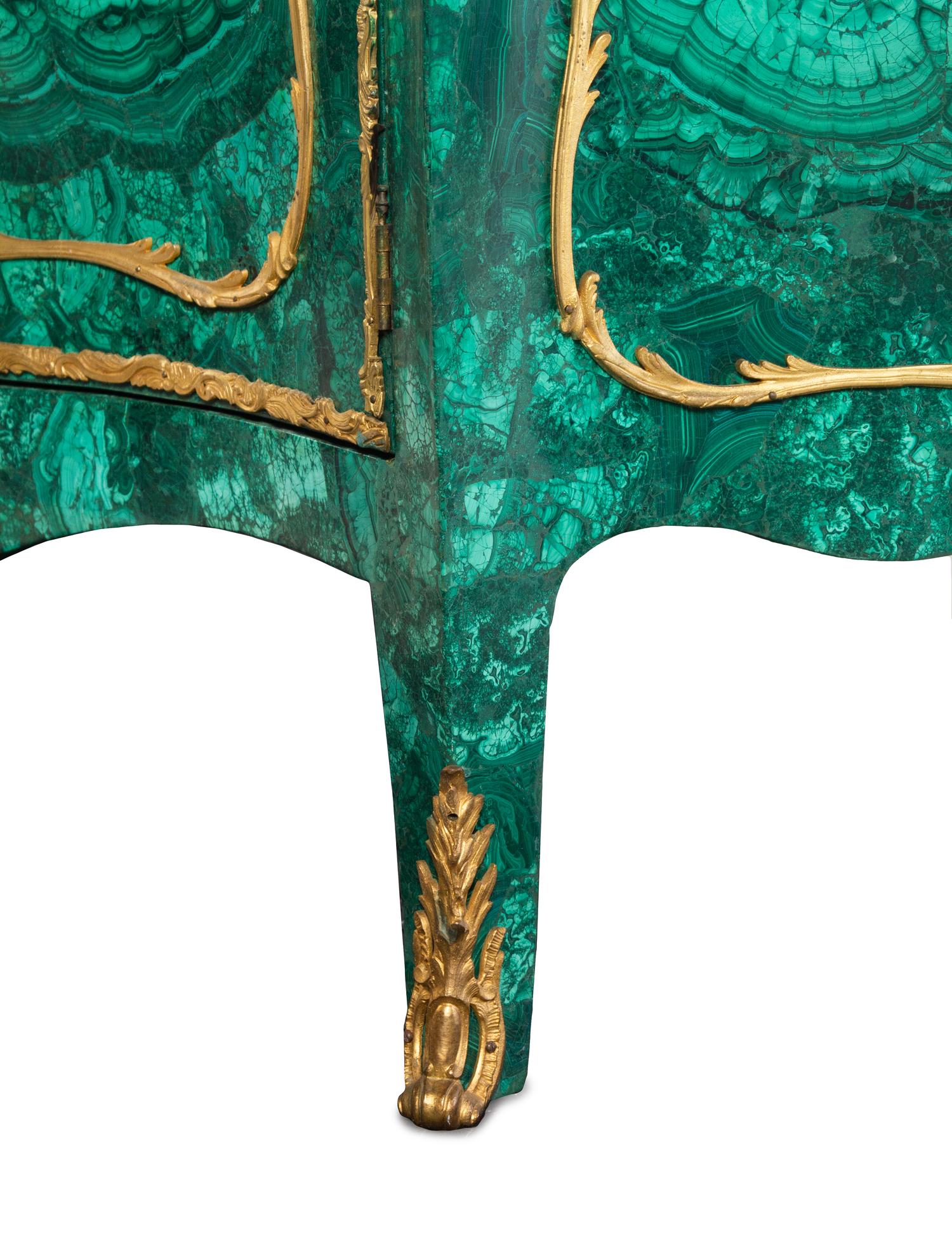 A Louis XV Style Gilt Bronze Mounted Malachite Veneered Vitrine Cabinet