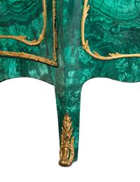A Louis XV Style Gilt Bronze Mounted Malachite Veneered Vitrine Cabinet
