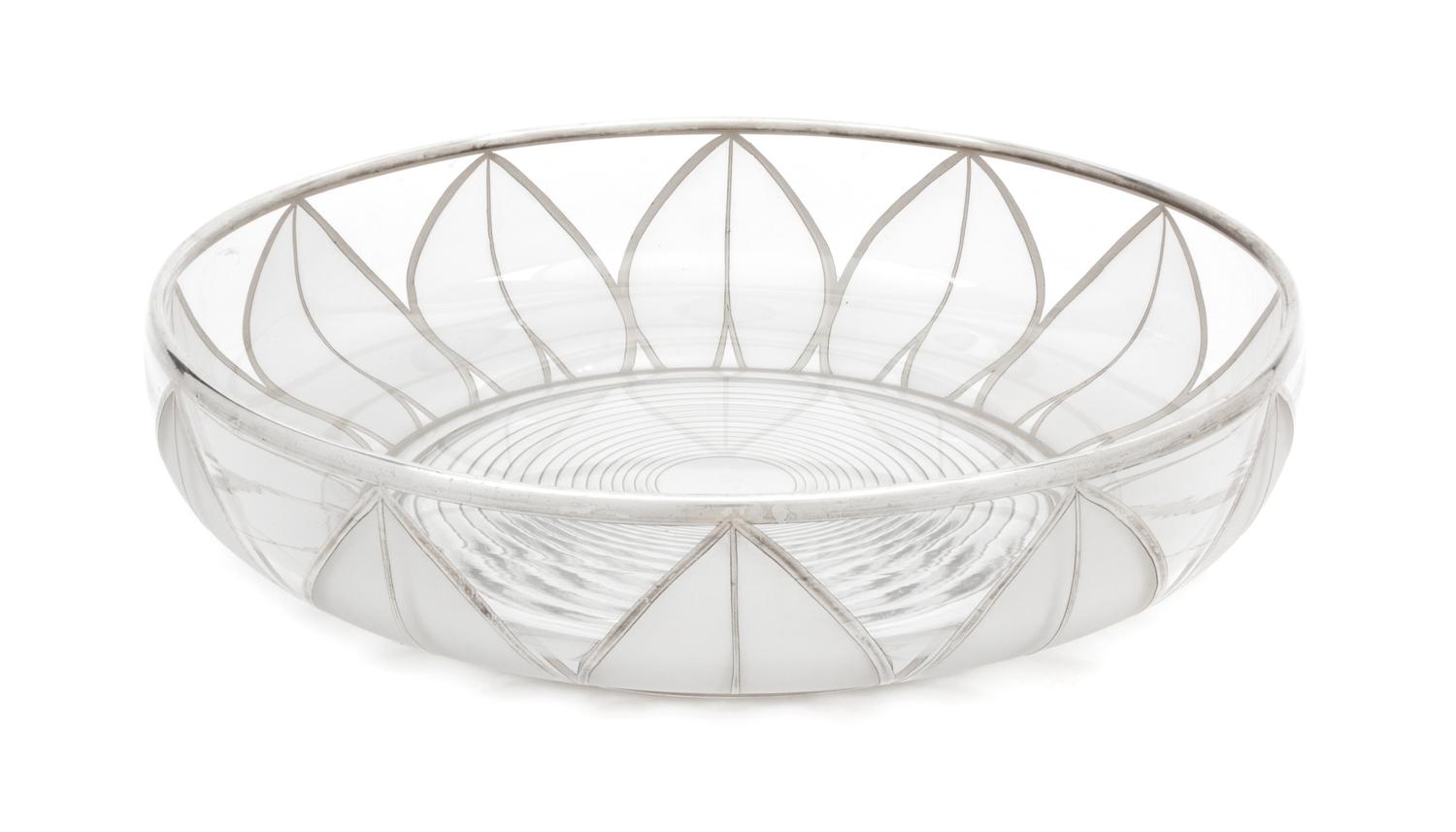 A Silver Overlay Frosted Glass Bowl Diameter 10 3/4 inches.