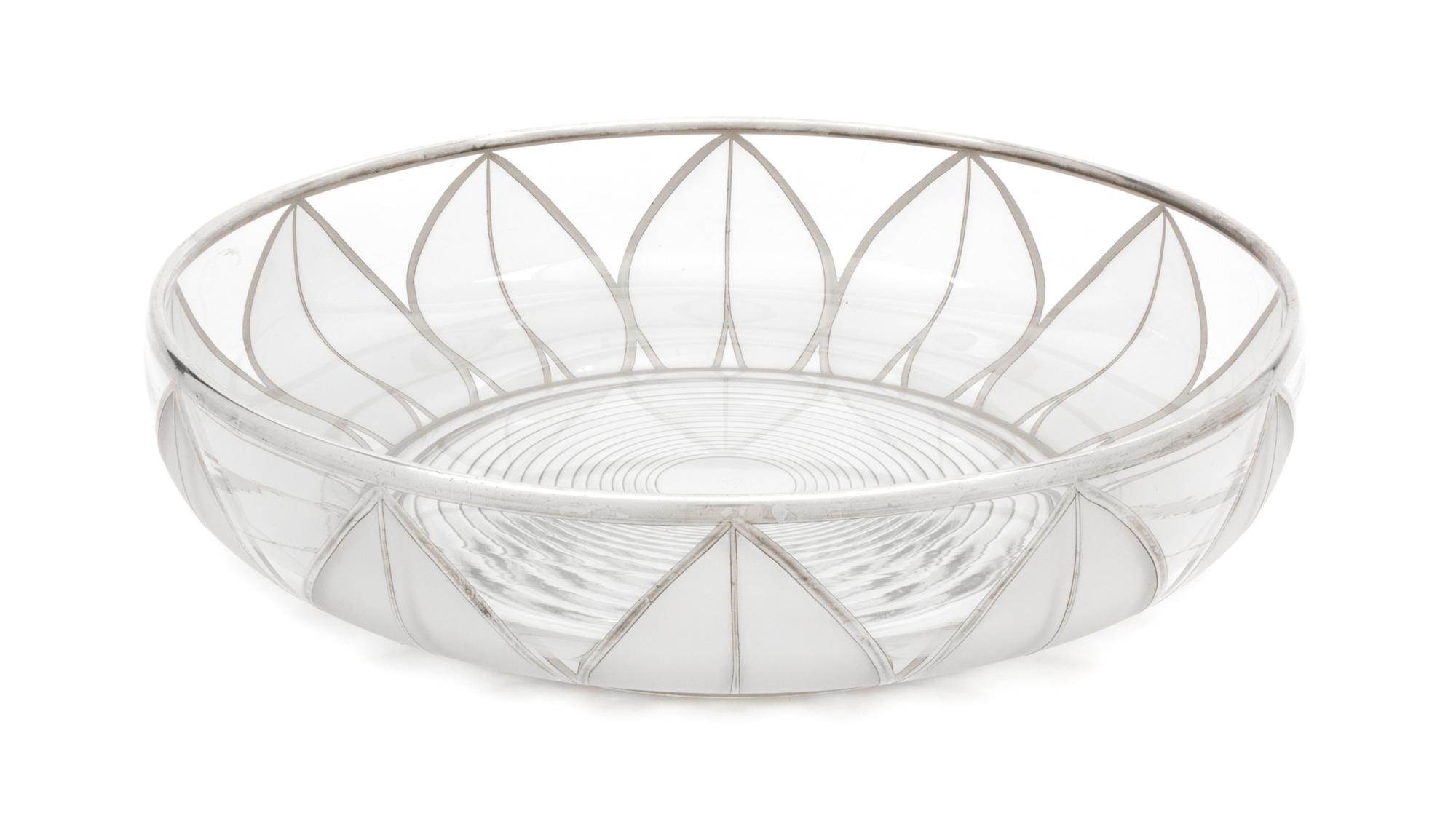 A Silver Overlay Frosted Glass Bowl Diameter 10 3/4 inches.