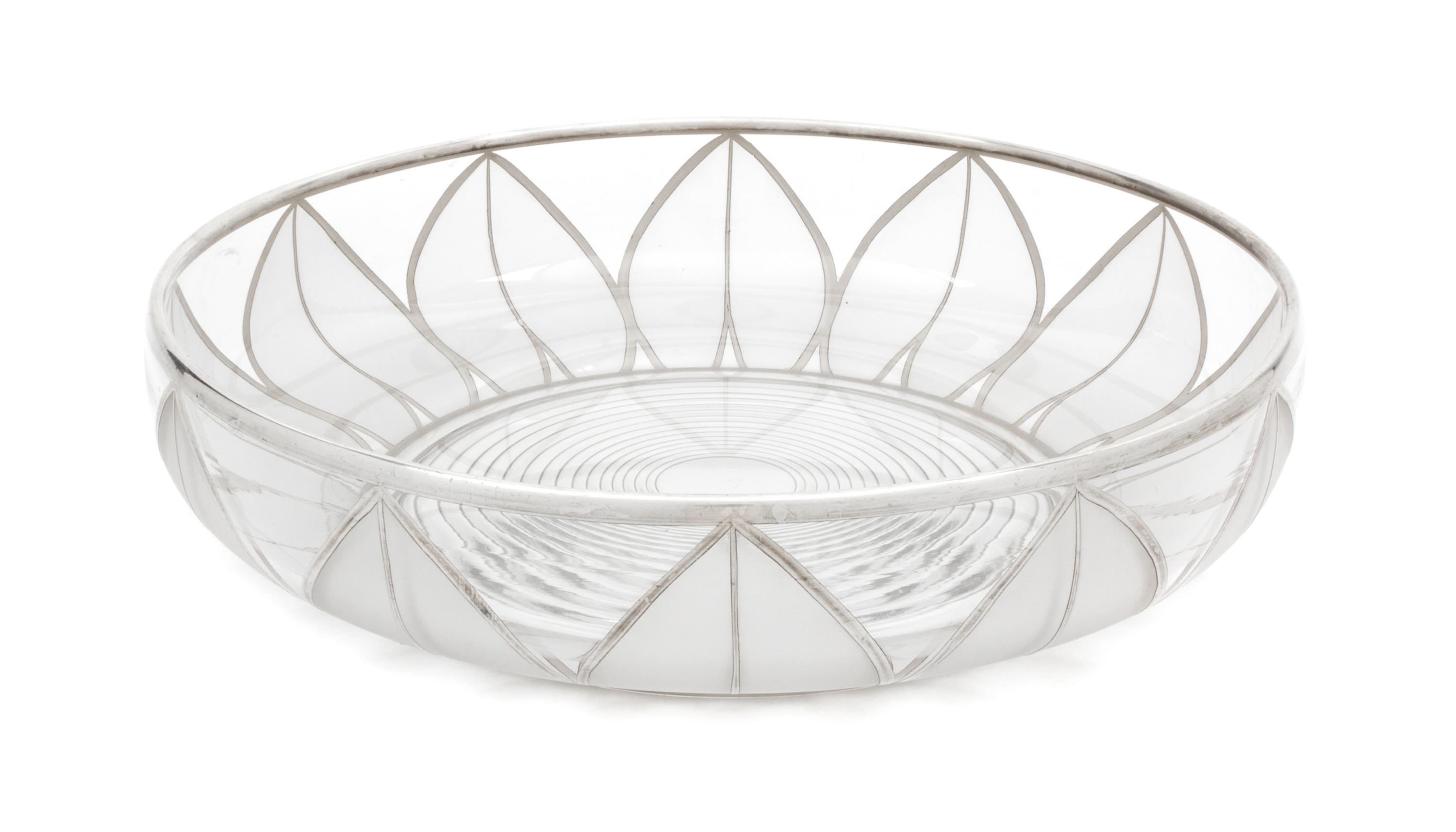 A Silver Overlay Frosted Glass Bowl Diameter 10 3/4 inches.