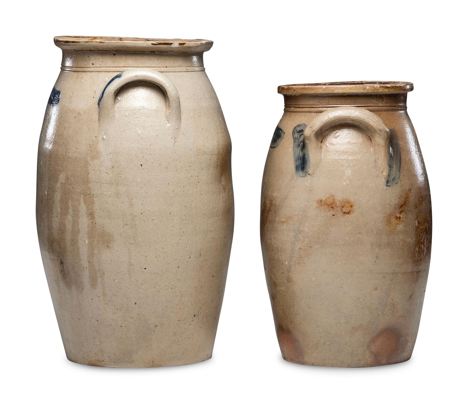 Two Ovoid Stoneware Crocks or Churns