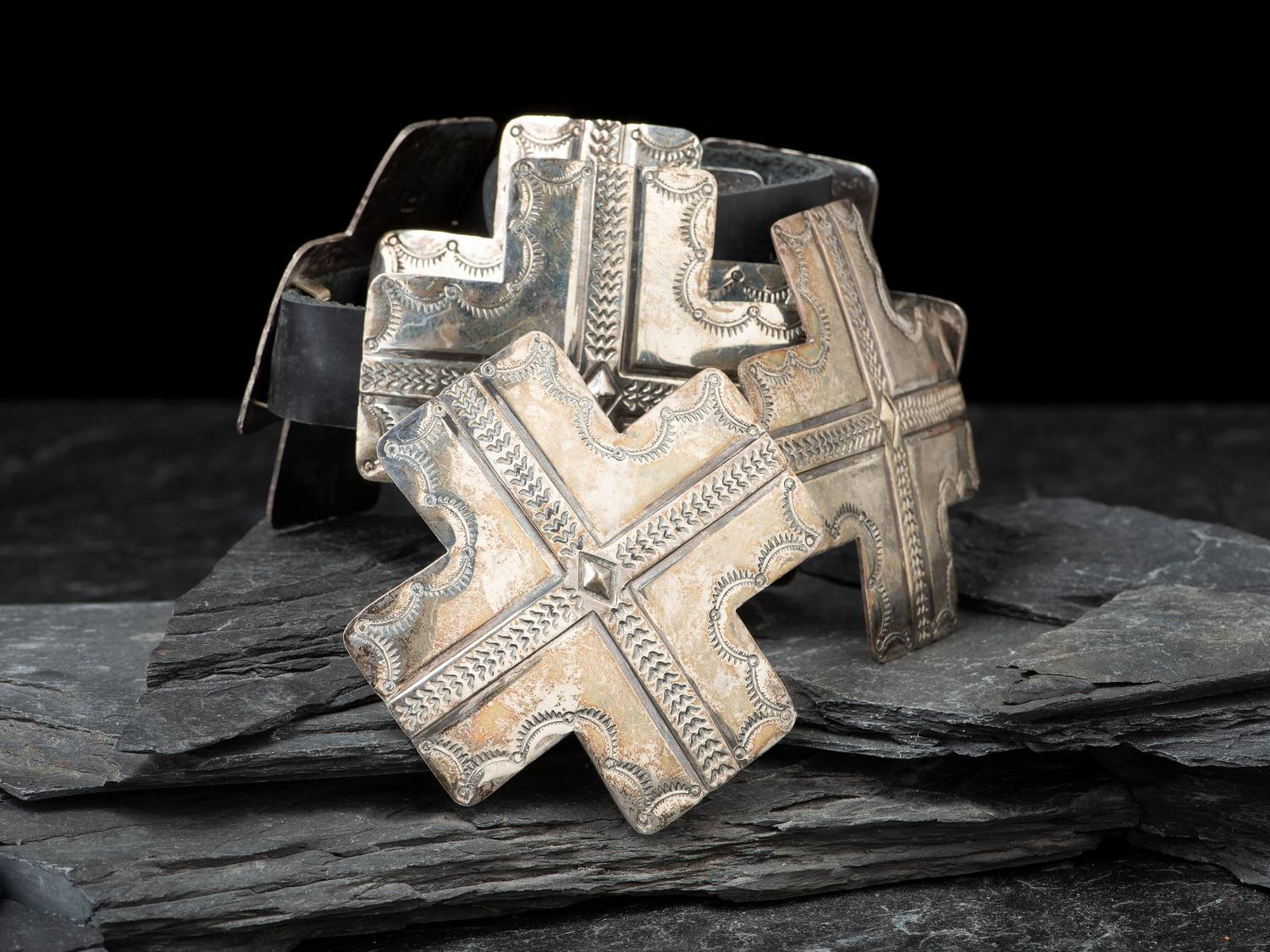 Navajo Stamped Sterling Silver Cross Concha Belt