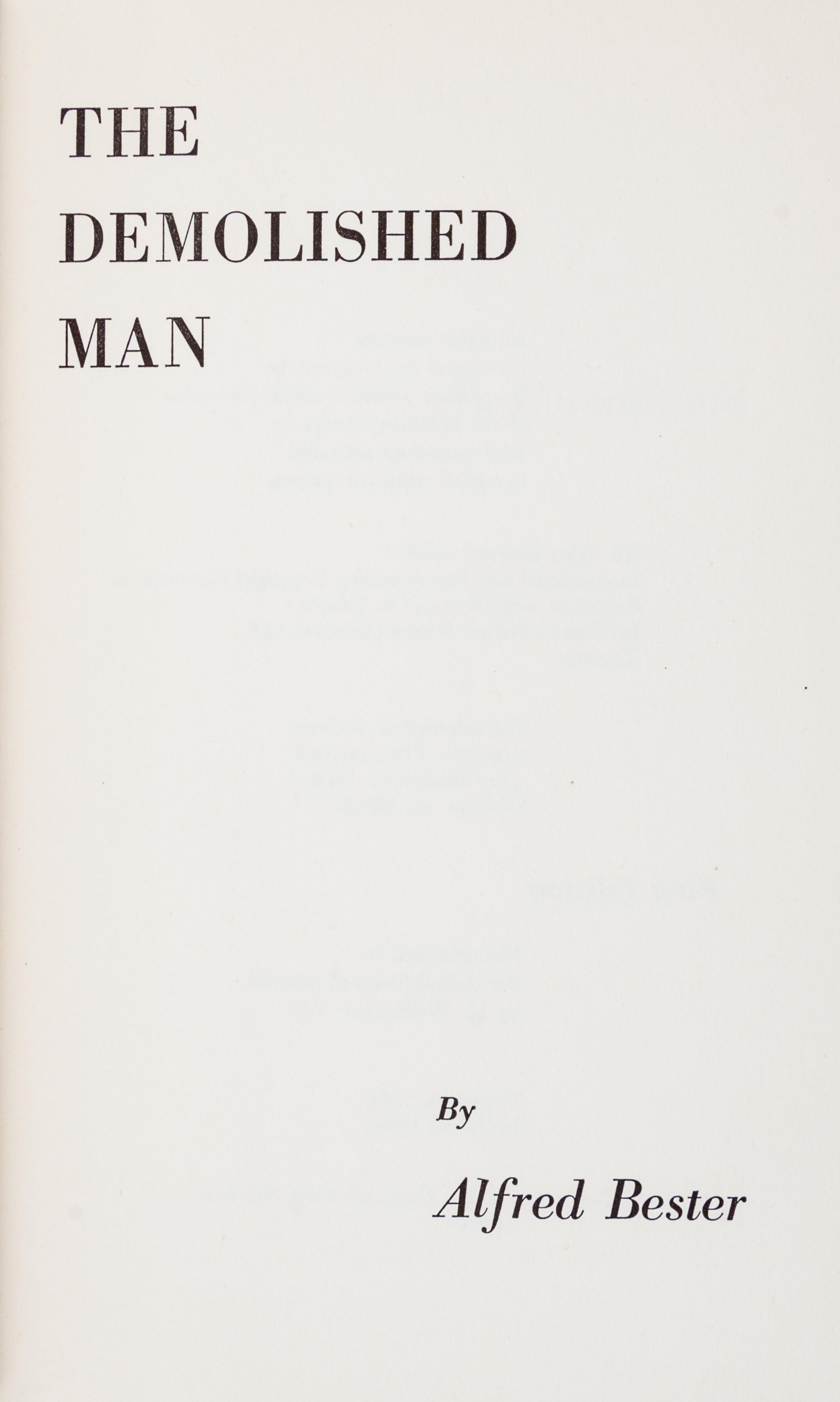 BESTER, ALFRED. The Demolished Man. Chicago, 1963. First edition, signed.