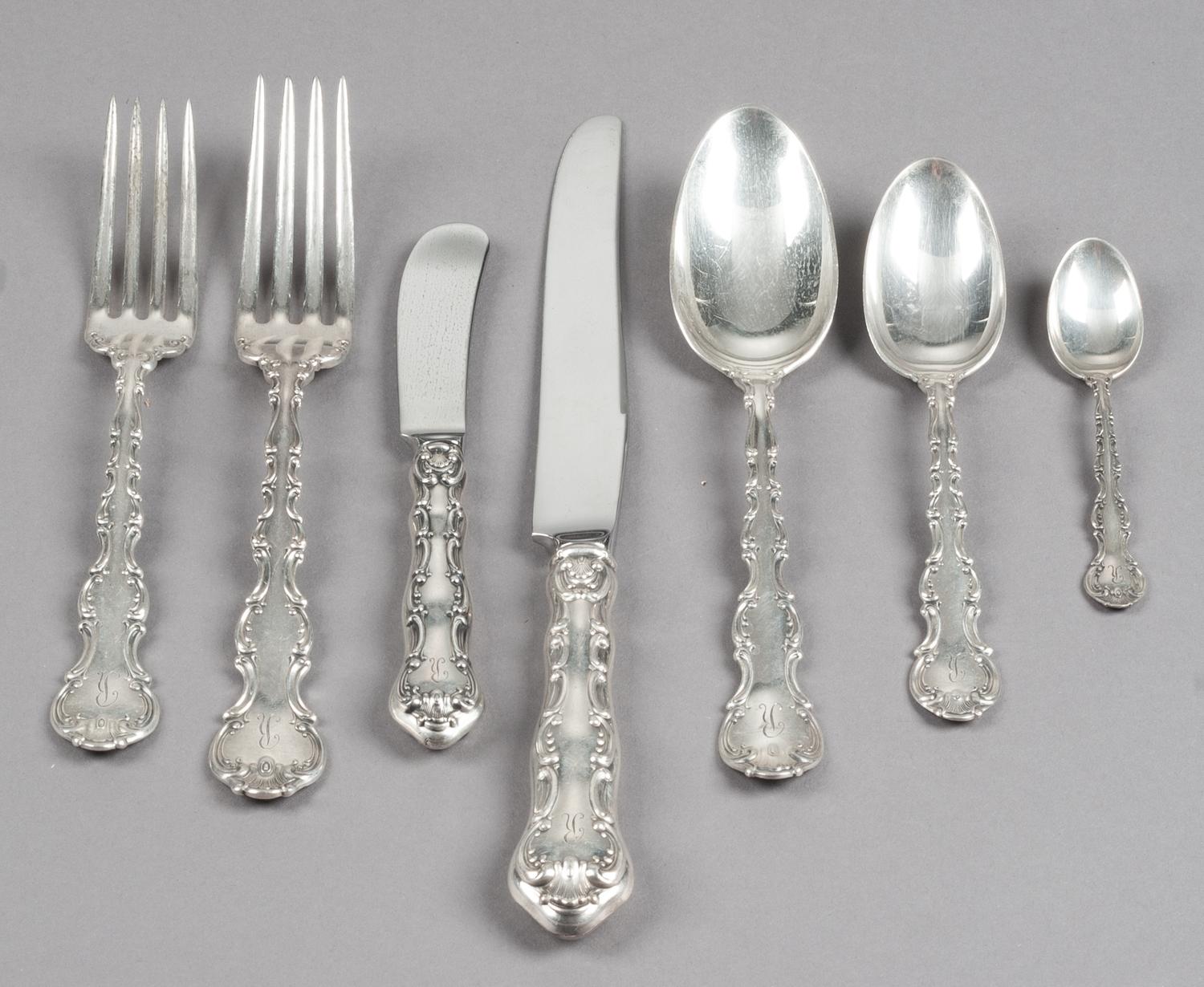 An American Silver Flatware Service, Gorham Mfg. Co., Providence, RI, Strasbourg pattern, each with a script R monogram, comprising: 12