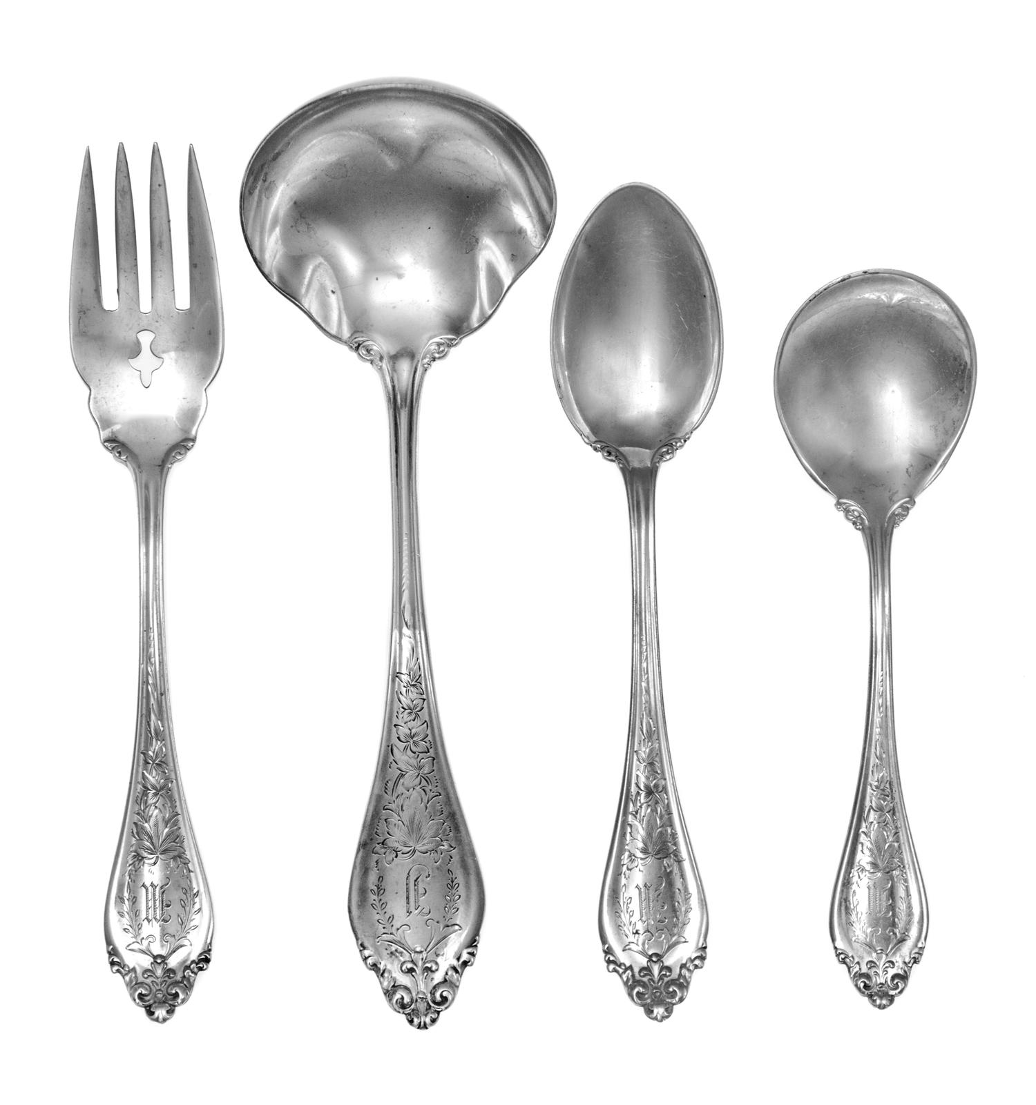 An American Silver Flatware Service, Reed & Barton, Taunton, MA, Old Newberry pattern, comprising: 12 dinner forks 12 luncheon forks 12