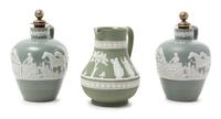 Two Wedgwood Style Jasperware Drinking Articles Height of decanter 7 1/8 inches.