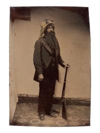 [WESTERN AMERICANA]. 3 tintypes of armed subjects, incl. frontiersman, soldier, and cowboys.