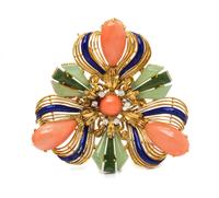An 18 Karat Yellow Gold, Coral, Nephrite Jade, Diamond and Enamel Pendant/Brooch, 24.90 dwts.