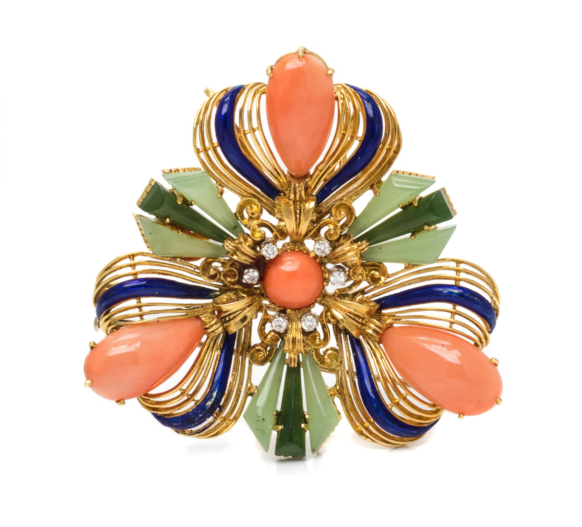 An 18 Karat Yellow Gold, Coral, Nephrite Jade, Diamond and Enamel Pendant/Brooch, 24.90 dwts.