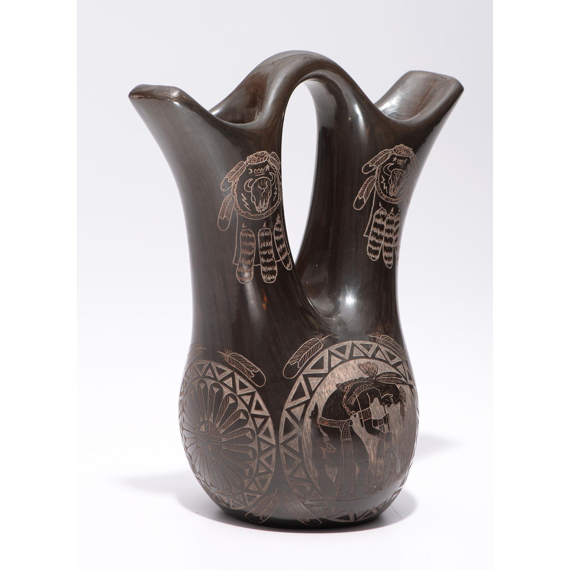 Award-Winning Pictorial Sgraffito Blackware Wedding Vase