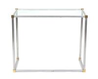 A Steel and Brass Corner Side Table with Glass Top Height 29 x width 36 x depth 18 inches. — 20TH CENTURY