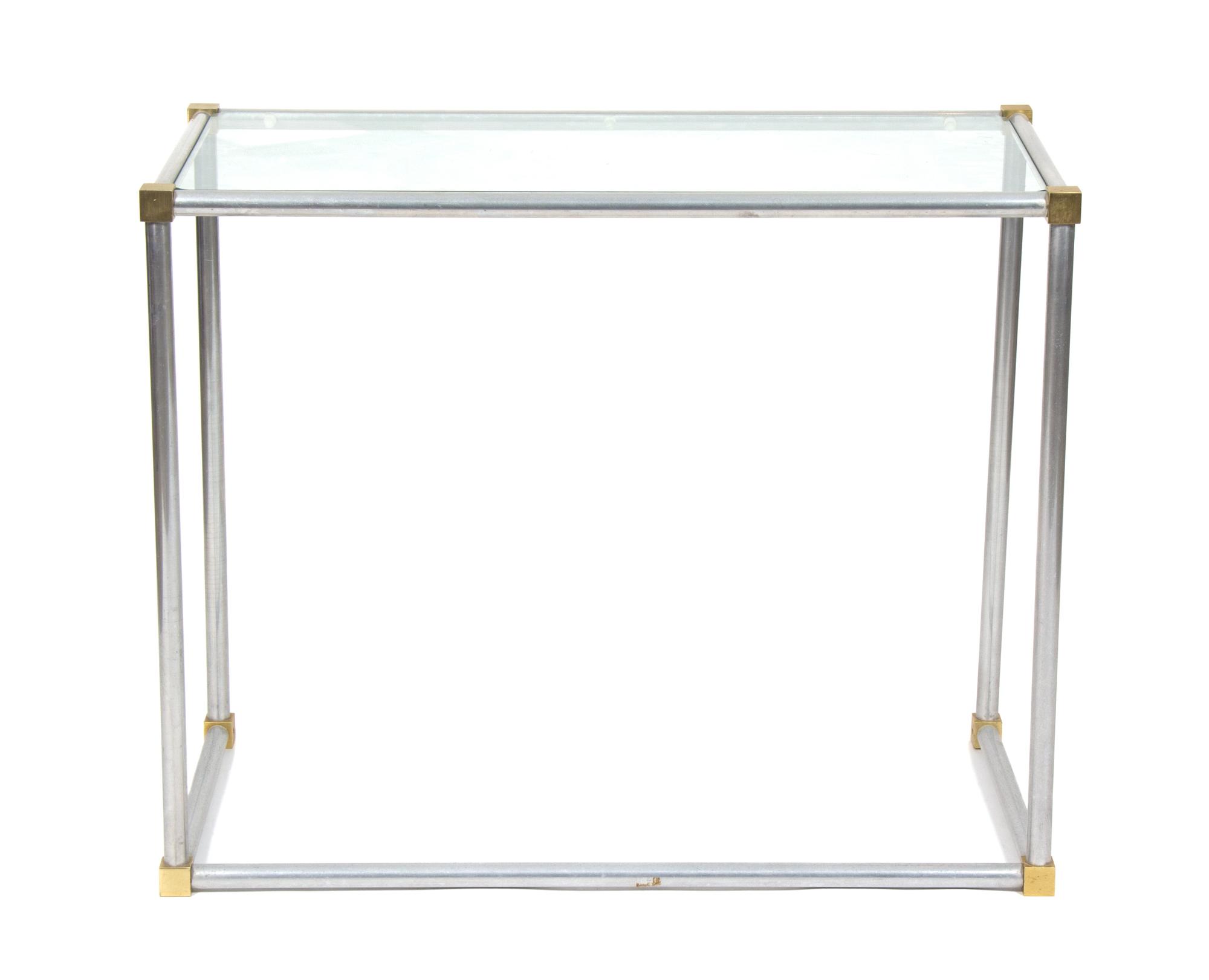 A Steel and Brass Corner Side Table with Glass Top Height 29 x width 36 x depth 18 inches. — 20TH CENTURY