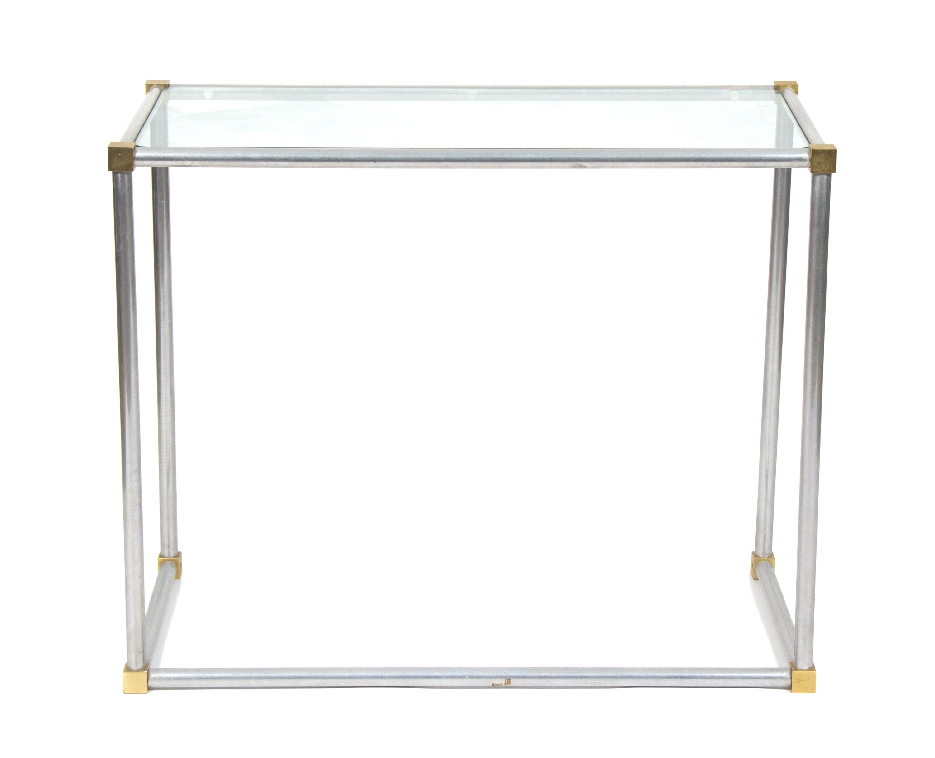 A Steel and Brass Corner Side Table with Glass Top Height 29 x width 36 x depth 18 inches. — 20TH CENTURY