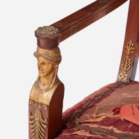 A Pair of Continental Neoclassical Giltwood and Gilt Bronze Mounted Mahogany Fauteuils