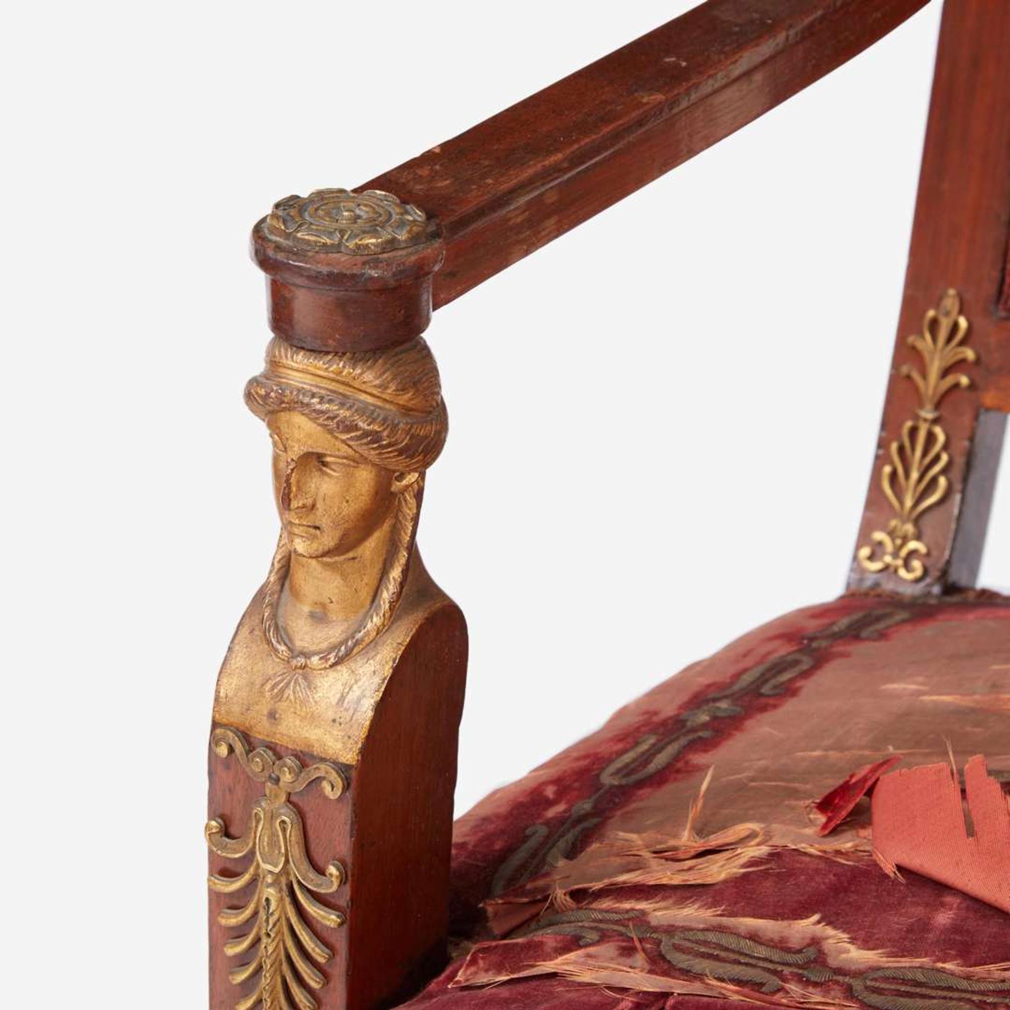 A Pair of Continental Neoclassical Giltwood and Gilt Bronze Mounted Mahogany Fauteuils