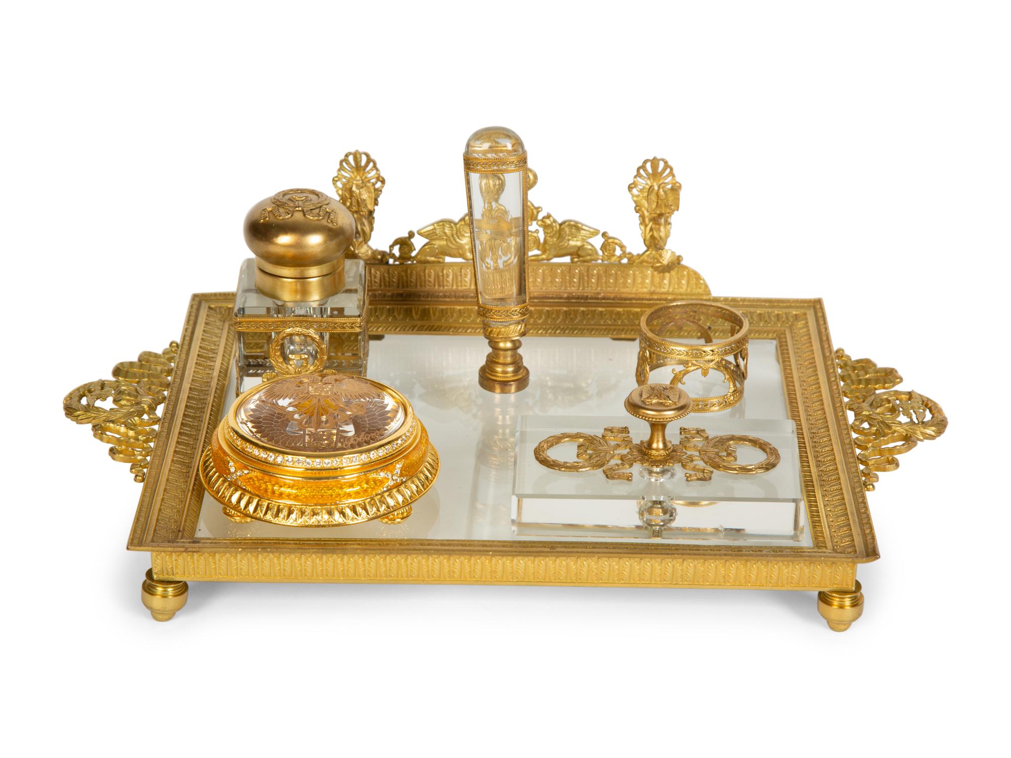 A Group of Five Gilt Bronze and Glass Desk Articles and a Faberge Imperial Paperweight — 19th/20th Century