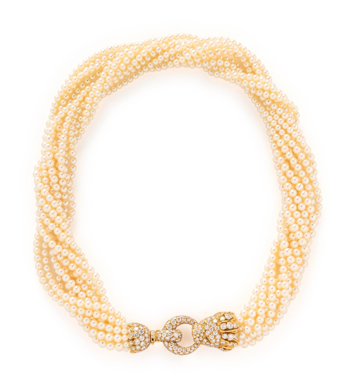 VAN CLEEF & ARPELS, CULTURED PEARL AND DIAMOND 'LION BARQUEROLLES' TORSADE NECKLACE