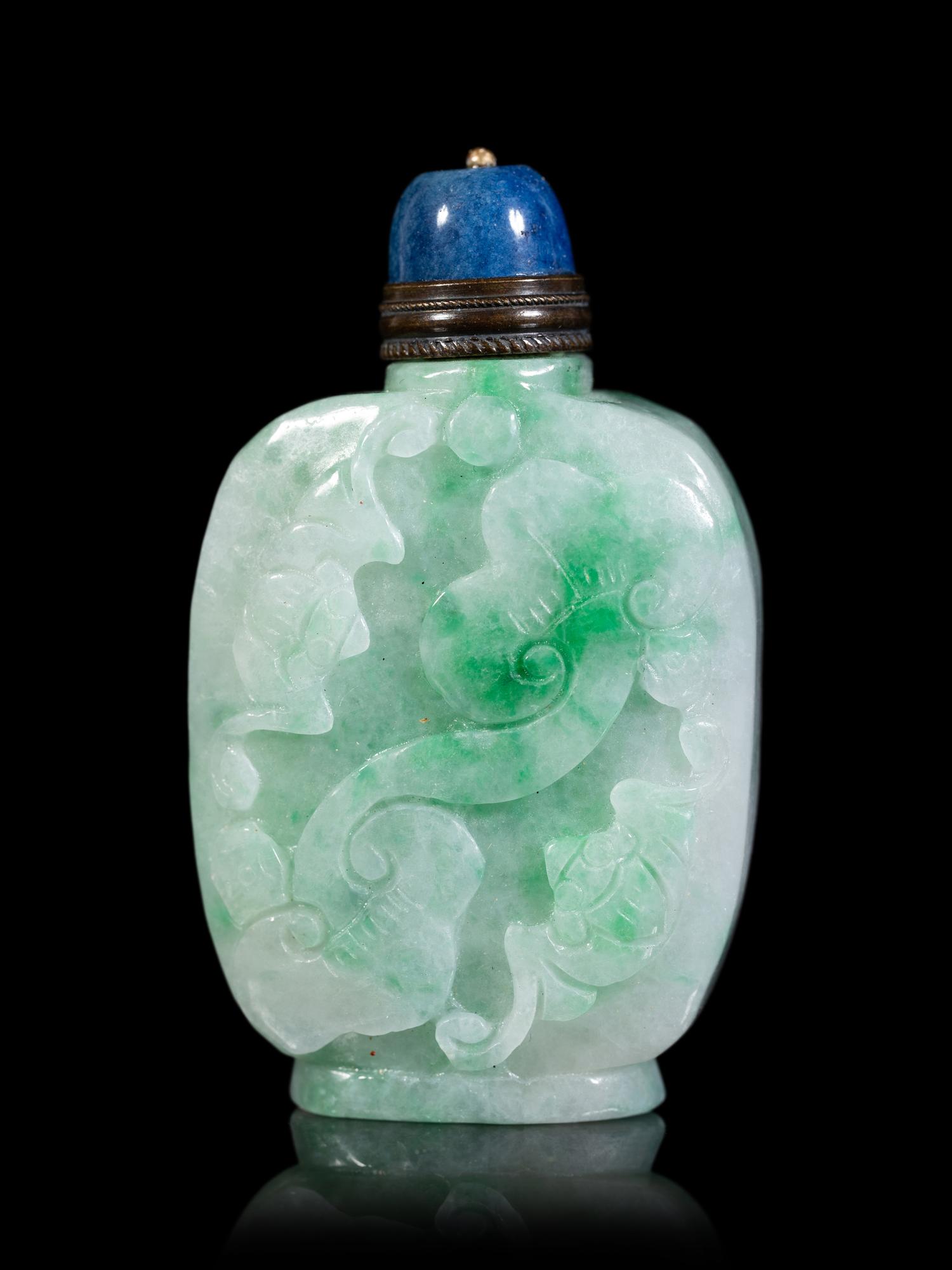 An Apple Green and Pale Celadon Jadeite Snuff Bottle
