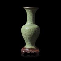 A Chinese Longquan Celadon Porcelain Yenyen Vase, Mid-Late Ming Dynasty — 明中晚期 龙泉青釉刻花凤尾尊