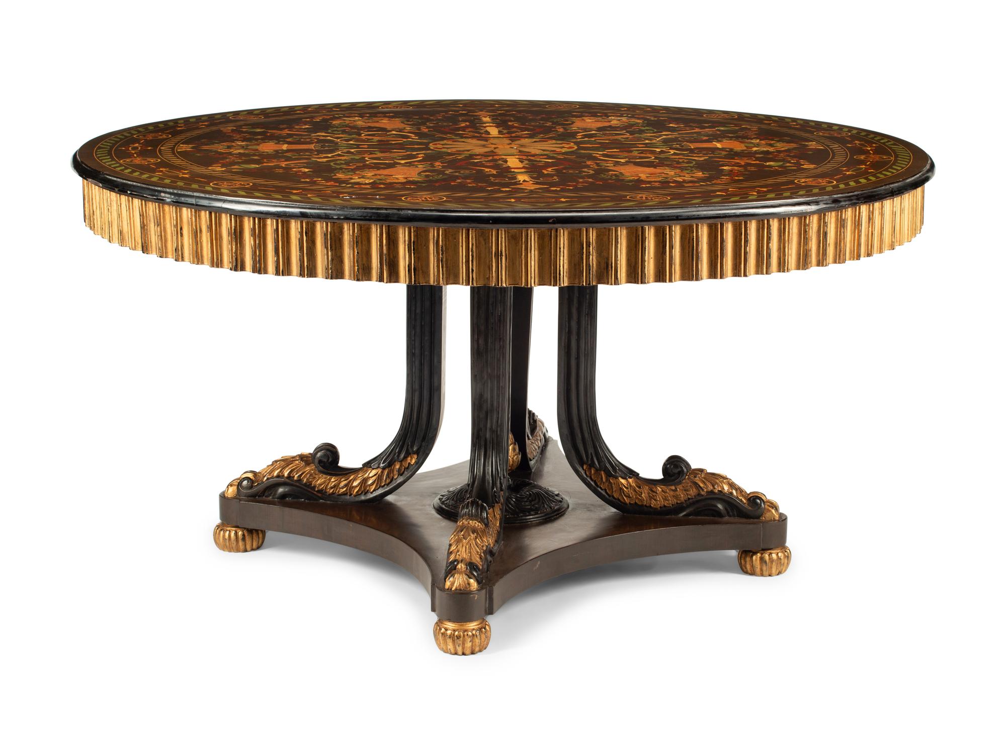 A Continental Polychrome Marquetry and Parcel Gilt Center Table