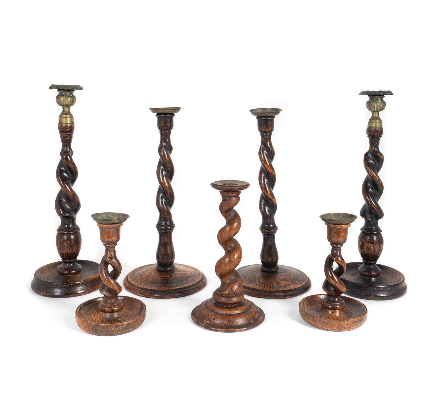 A Group of Seven English Barley-Twist Oak Candlesticks — 19TH/20TH CENTURY