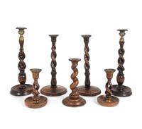 A Group of Seven English Barley-Twist Oak Candlesticks — 19TH/20TH CENTURY