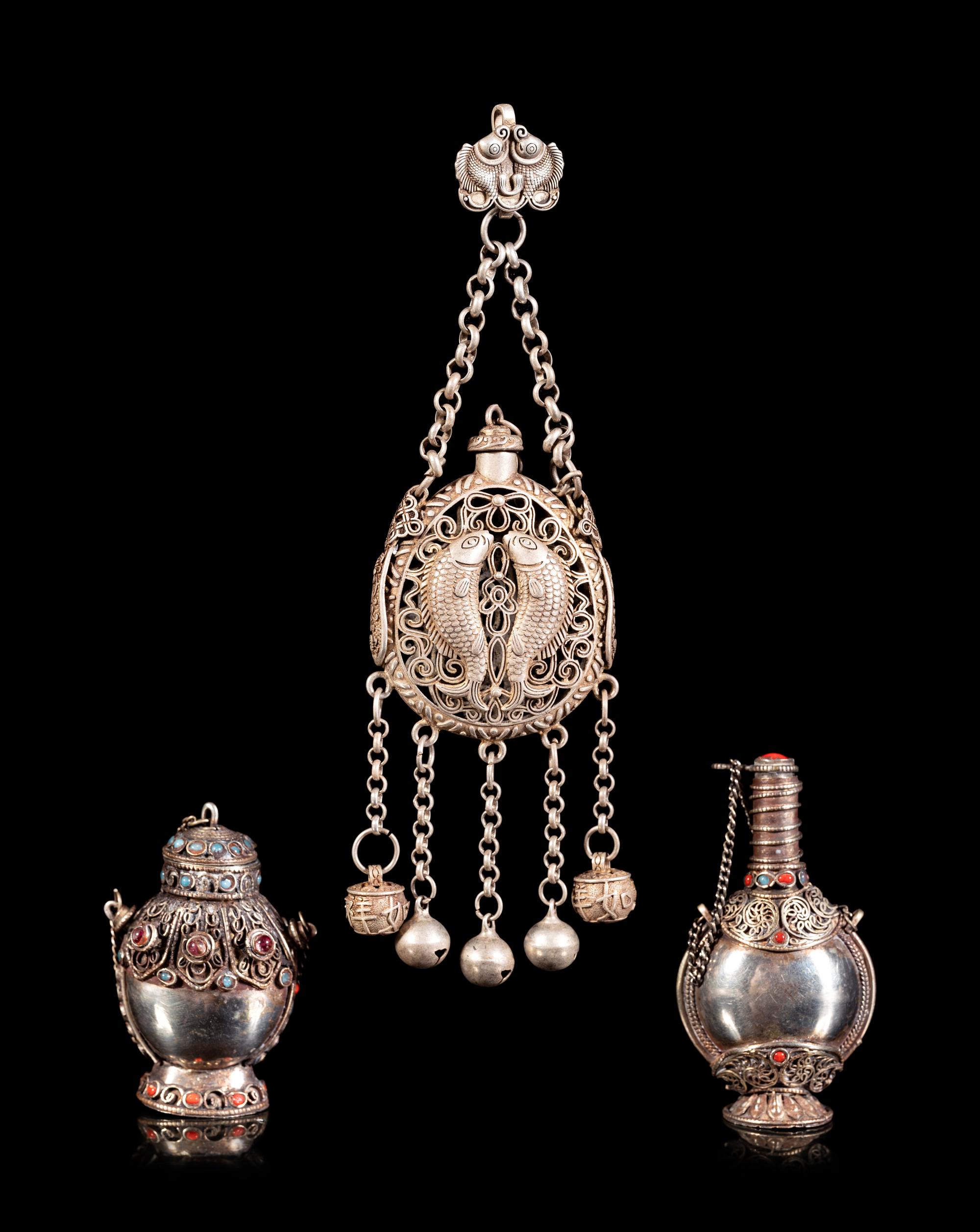 Three Tibetan Silver Snuff Bottles