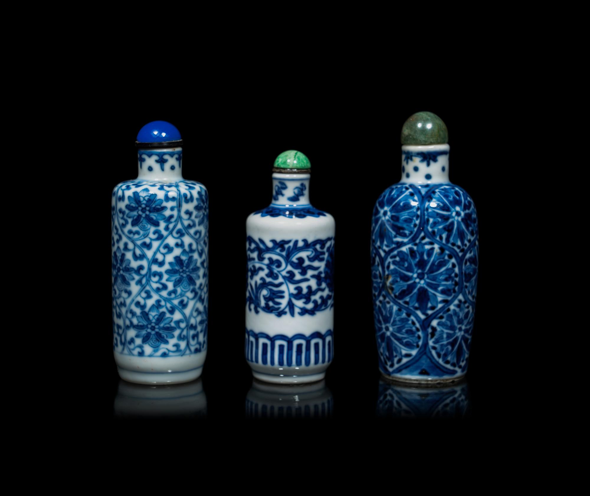 Three Chinese Blue and White Porcelain 'Lotus' Snuff Bottles