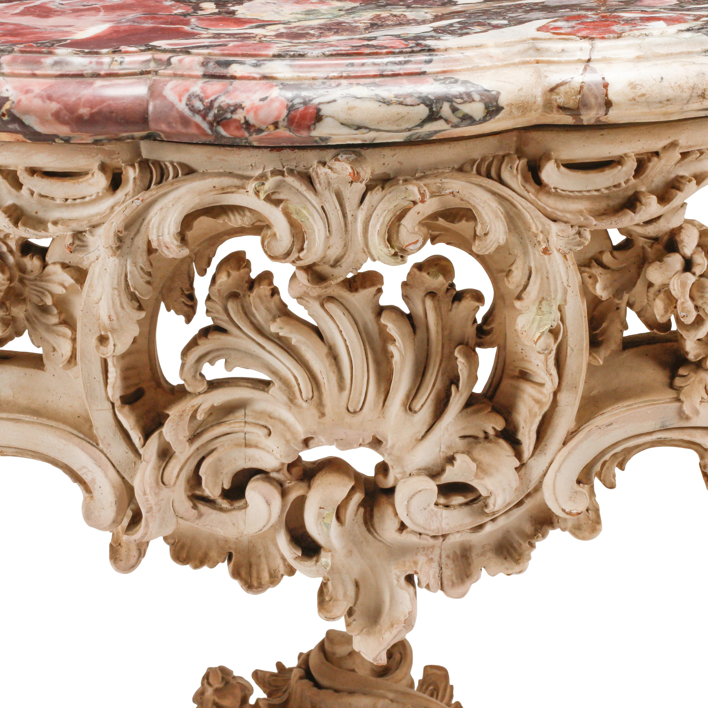 A Louis XV Style White-Painted Marble-Top Console Table