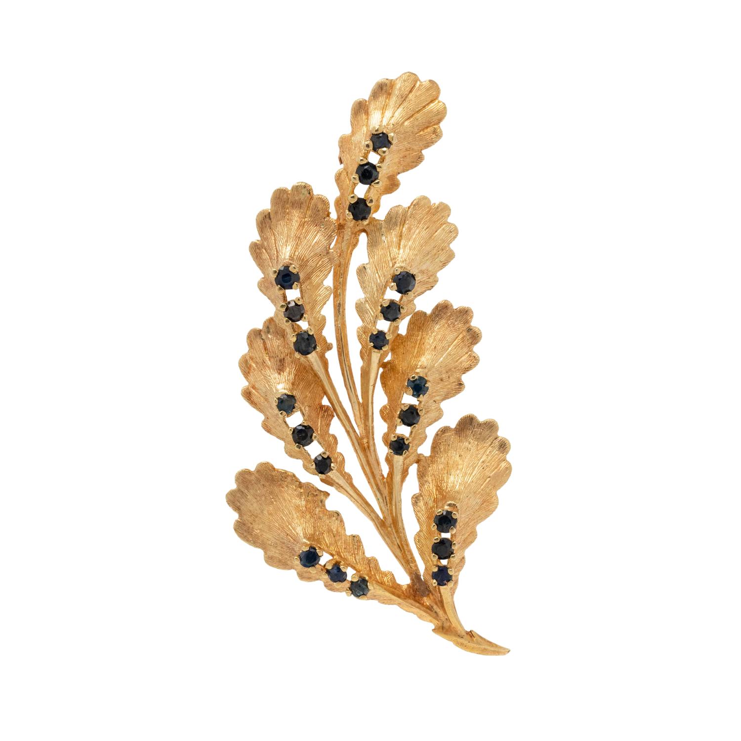 YELLOW GOLD AND SAPPHIRE LEAF BROOCH