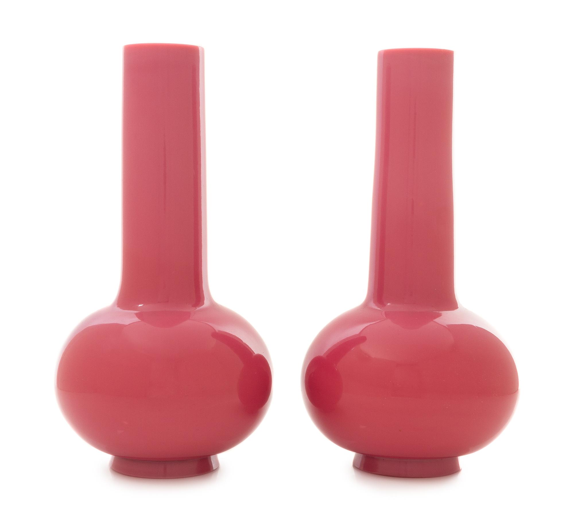 A Pair of Opaque Pink Peking Glass Bottle Vases Height 10 inches.
