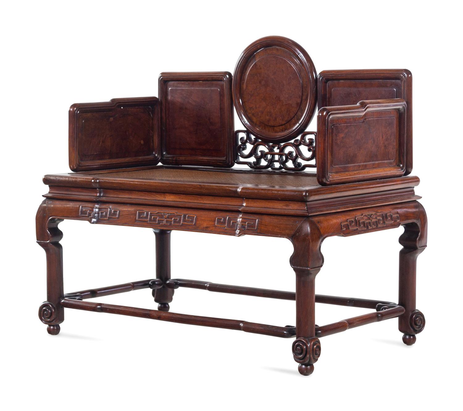 A Burlwood Inset Hardwood Settee