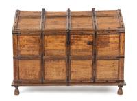 An Iron Mounted Trunk, Height 32 x width 43 x depth 30 1/4 inches.