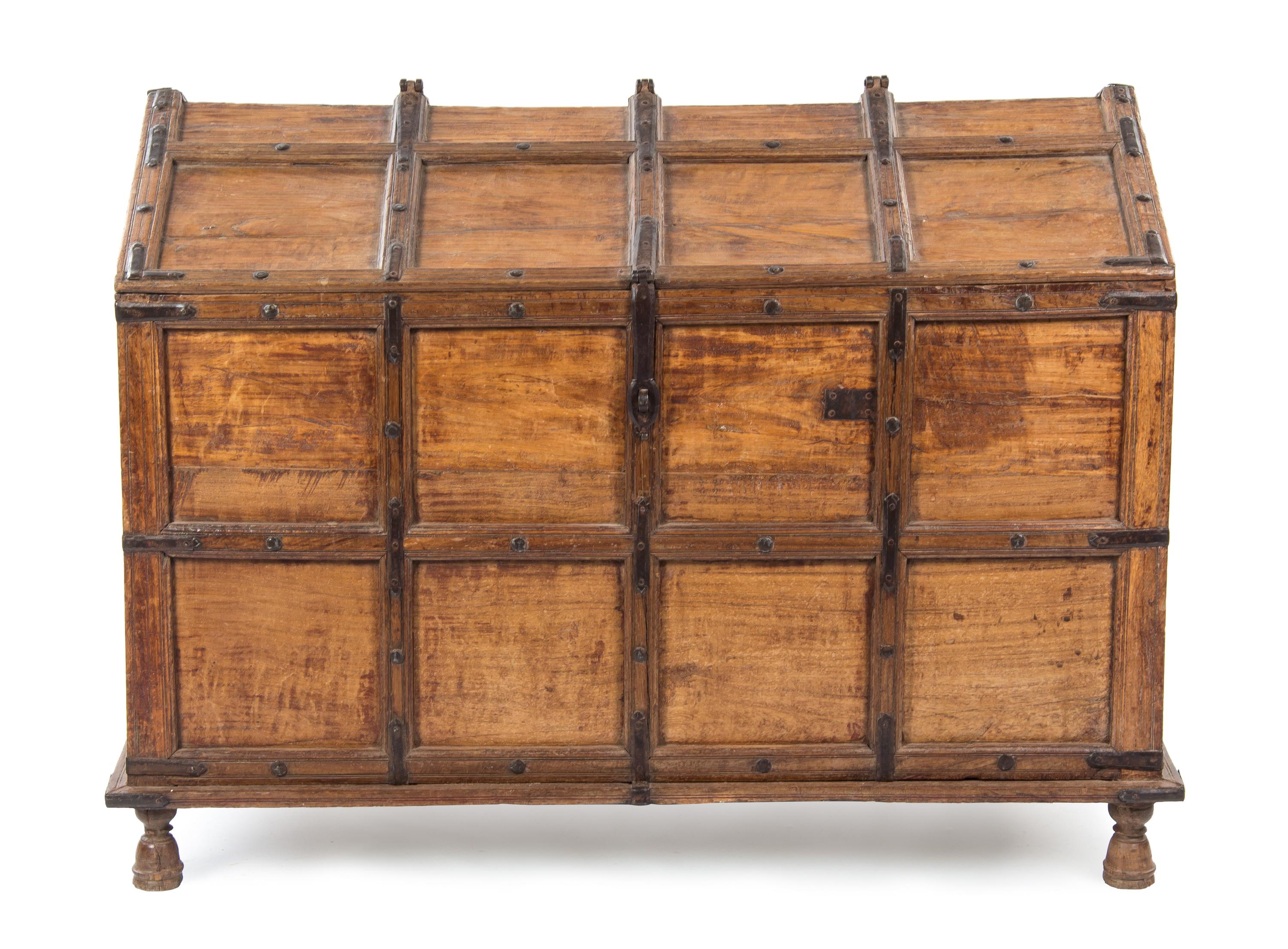 An Iron Mounted Trunk, Height 32 x width 43 x depth 30 1/4 inches.