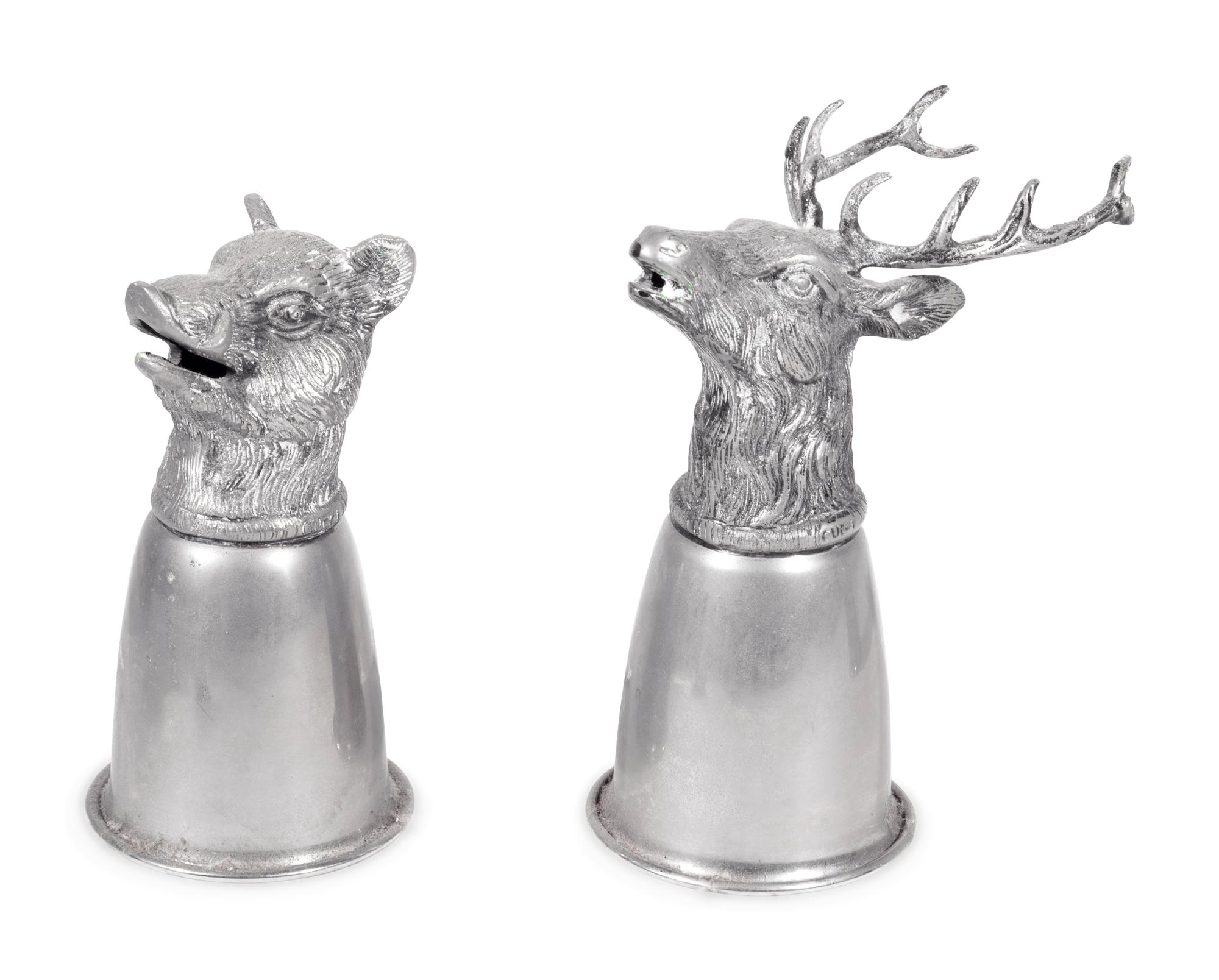 A Set of Sixteen Boar and Stag Head Silver-Plate Stirrup Cups
