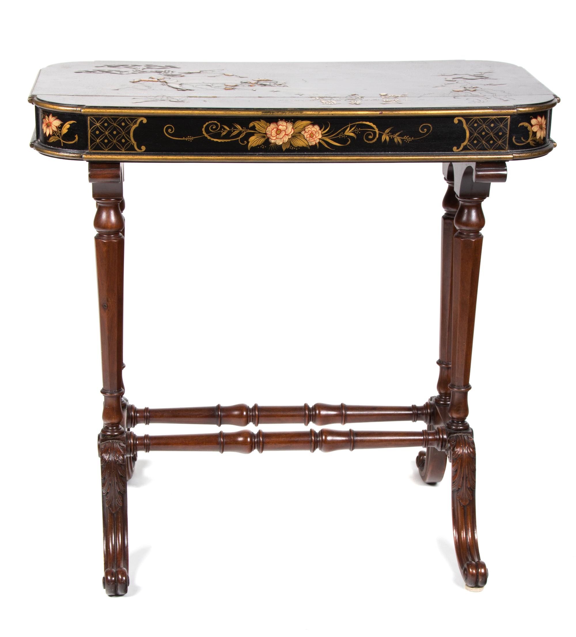 A Regency Style Chinoiserie Lacquered Side Table Height 25 1/2 x width 26 1/4 x depth 14 1/2 inches. — LATE 19TH CENTURY