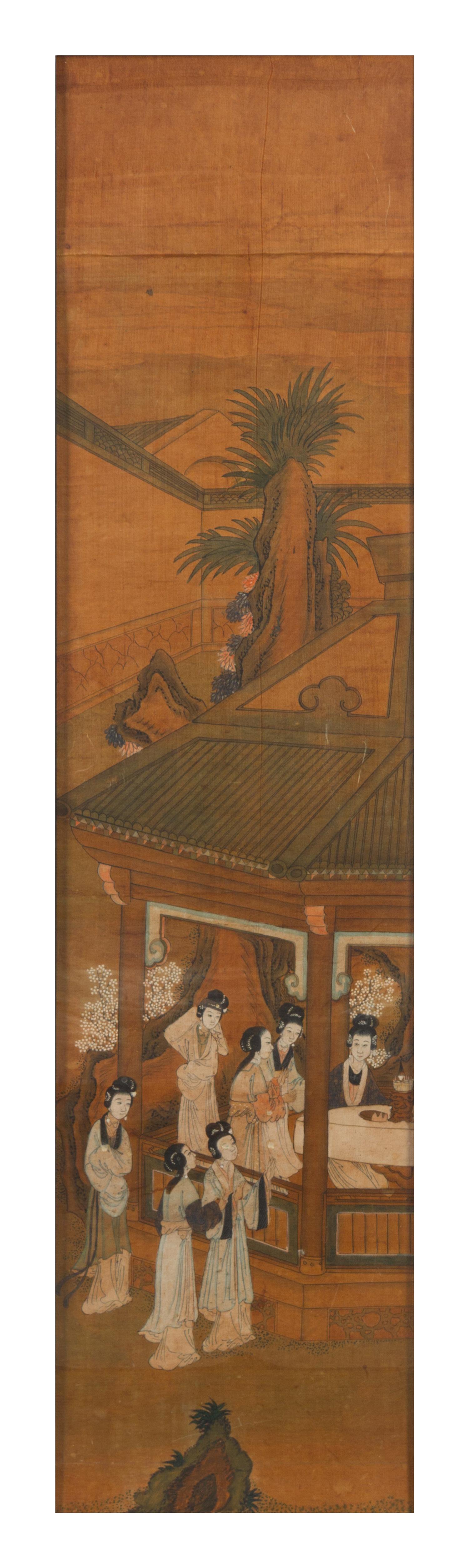 Attributed to Yu Ji, (1738-1823), depicting ladies of leisure in a garden scene with pavilion and plantain trees.