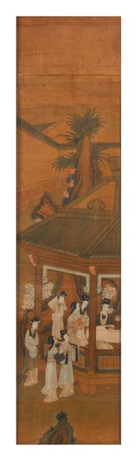 Attributed to Yu Ji, (1738-1823), depicting ladies of leisure in a garden scene with pavilion and plantain trees.
