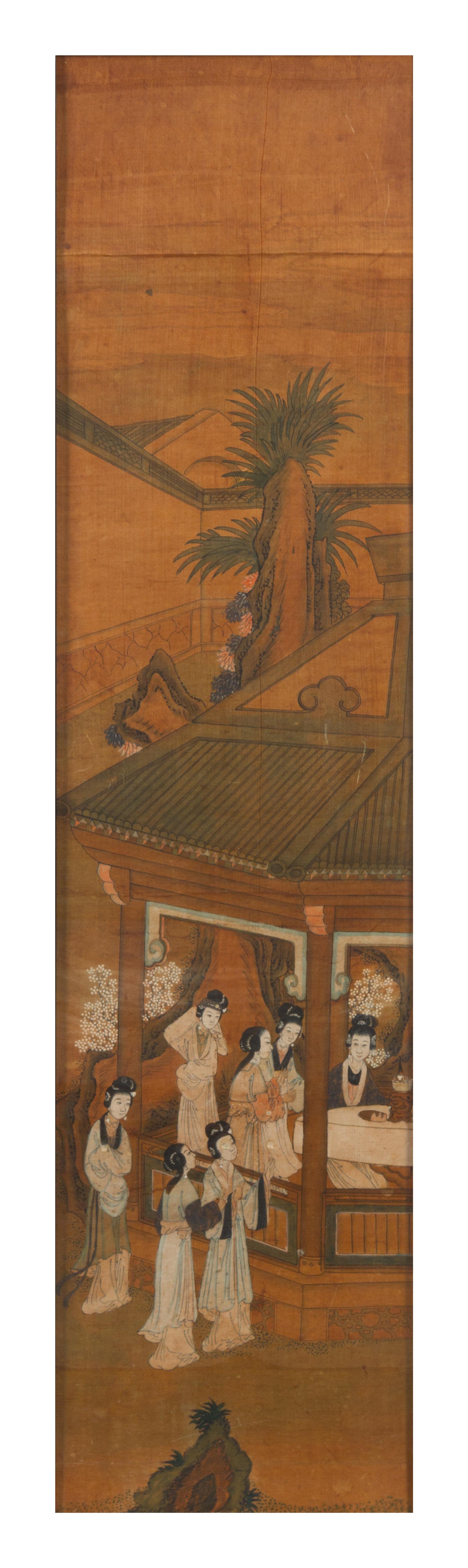 Attributed to Yu Ji, (1738-1823), depicting ladies of leisure in a garden scene with pavilion and plantain trees.